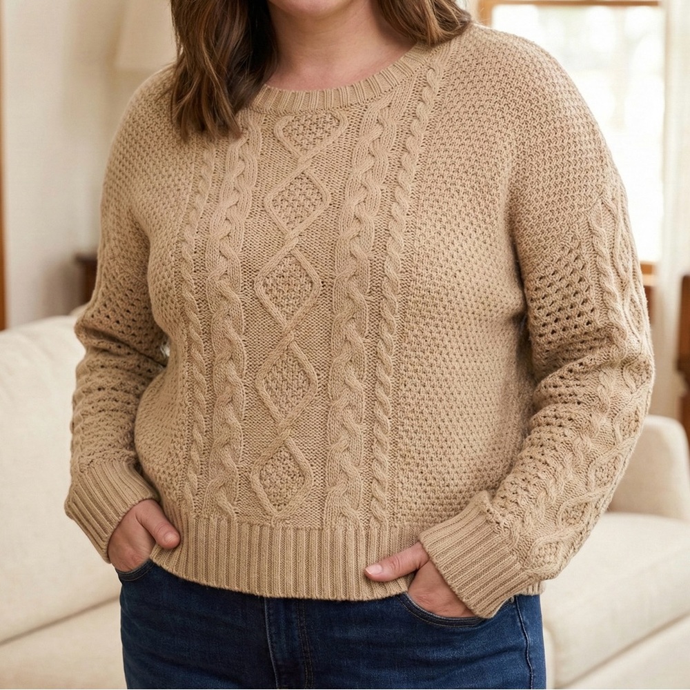 Sanctuary Cable Knit Waffle Sweater Tan Mixed Stitch Crew Pullover Sz L Like New